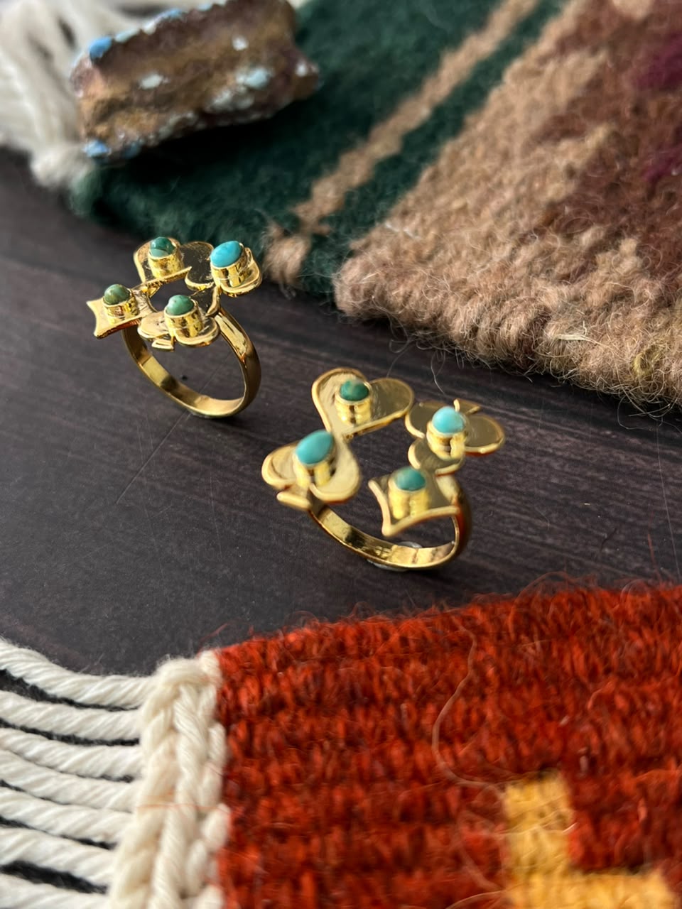 “The Golden Collection” Kingman Turquoise Adjustable Playing Card Ring Signed Nizhoni