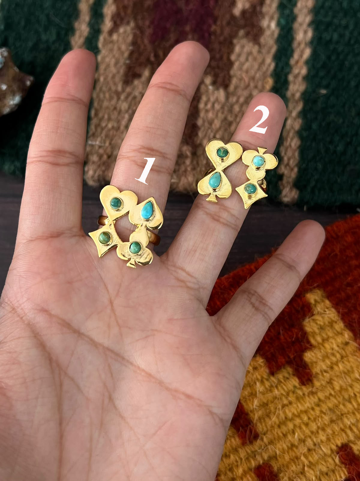 “The Golden Collection” Kingman Turquoise Adjustable Playing Card Ring Signed Nizhoni
