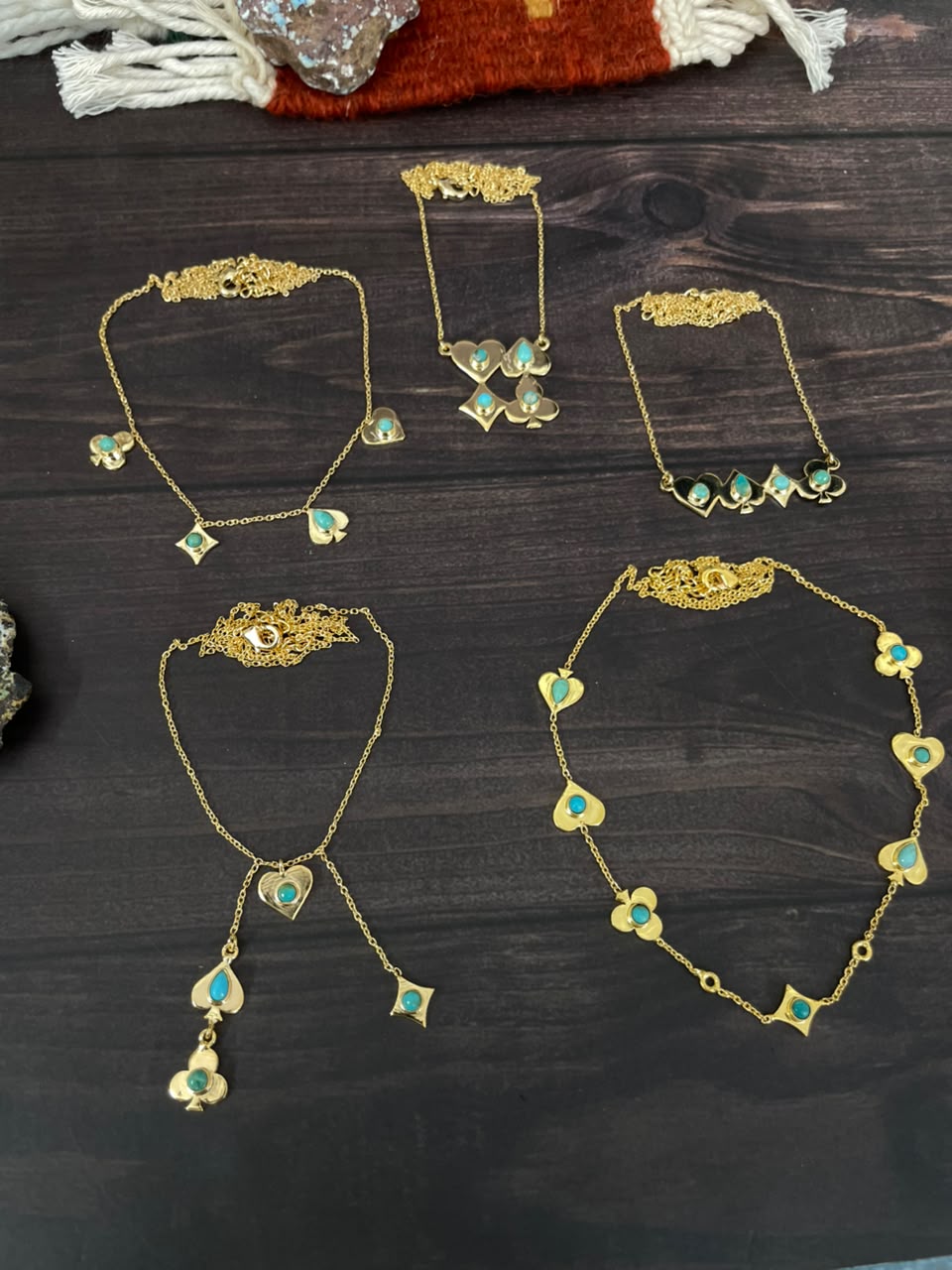 “The Golden Collection” Handmade Gold-Plated Kingman Turquoise Playing Card Necklace Signed Nizhoni