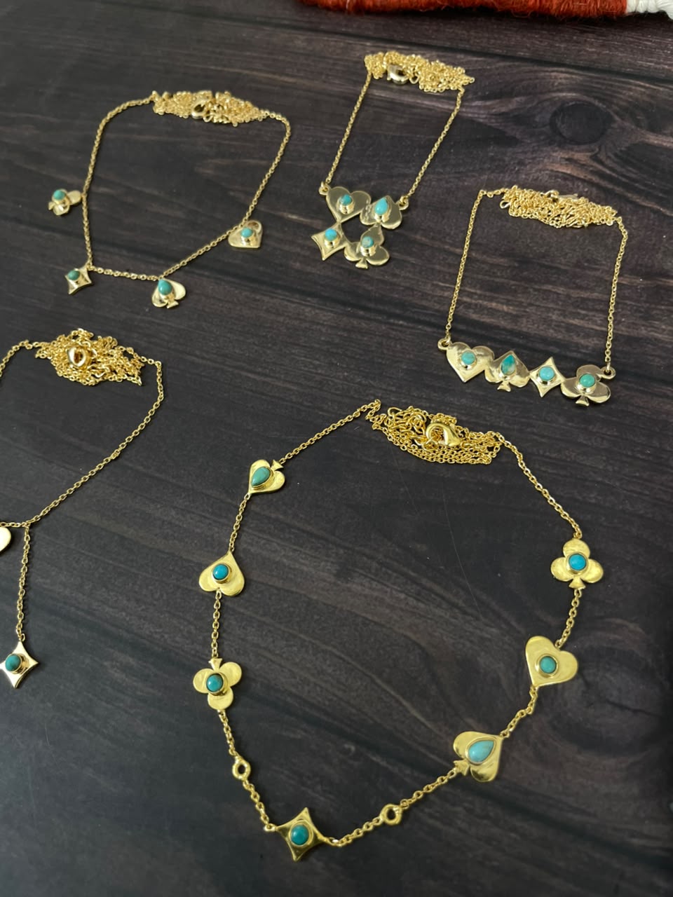 “The Golden Collection” Handmade Gold-Plated Kingman Turquoise Playing Card Necklace Signed Nizhoni