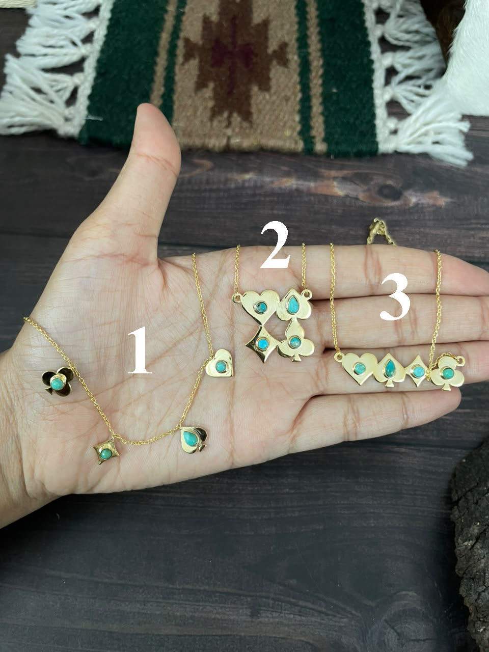 “The Golden Collection” Handmade Gold-Plated Kingman Turquoise Playing Card Necklace Signed Nizhoni