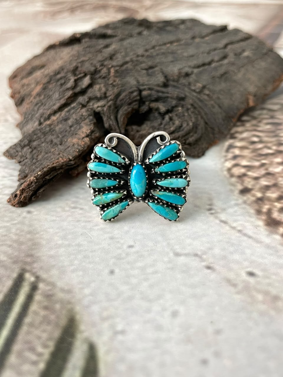 Handmade Sterling Silver Kingman Turquoise Butterfly Adjustable Ring Signed Nizhoni