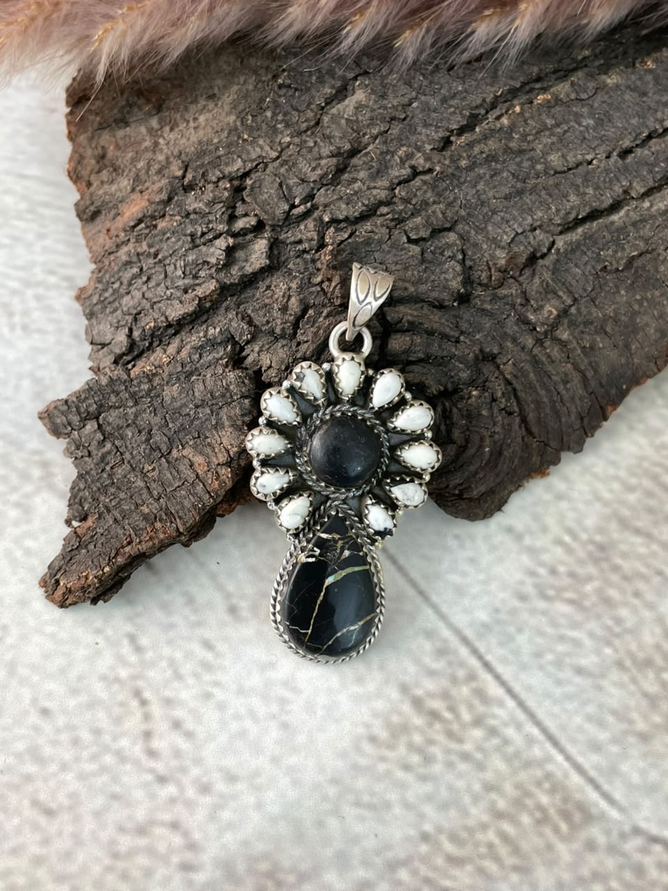 Handmade Sterling Silver White Buffalo with Blackjack Turquoise Pendant Signed Nizhoni