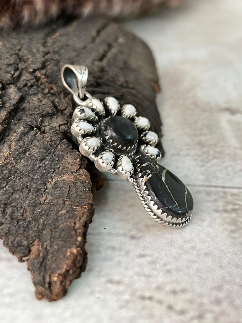 Handmade Sterling Silver White Buffalo with Blackjack Turquoise Pendant Signed Nizhoni