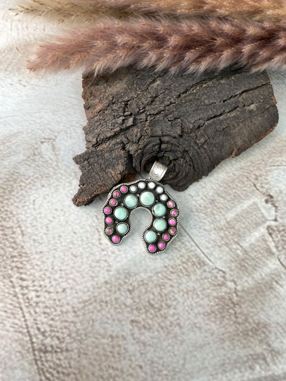 Handmade Sterling Silver Cotton Candy with Paloma Turquoise Naja Pendant Signed Nizhoni (9)