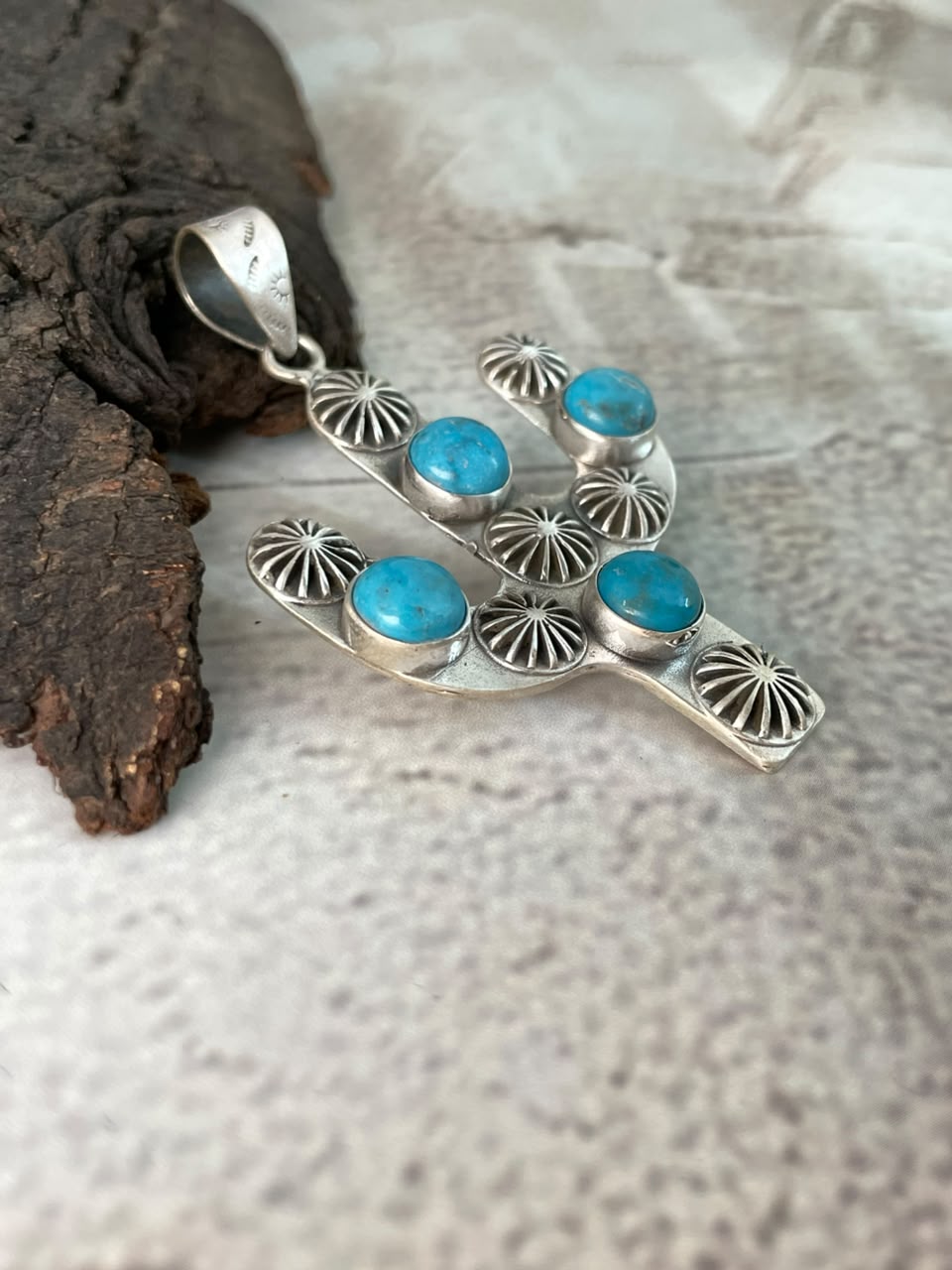 Handmade Sterling Silver Kingman Turquoise Cactus Pendant Signed Nizhoni (5)
