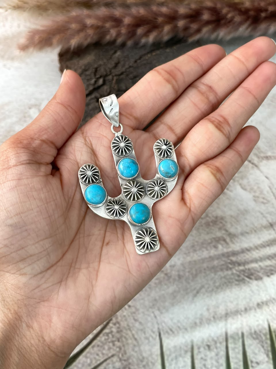 Handmade Sterling Silver Kingman Turquoise Cactus Pendant Signed Nizhoni (5)