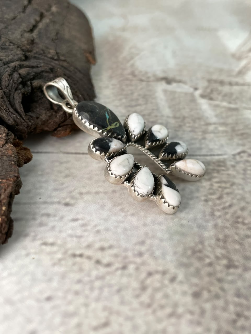Handmade Sterling Silver White Buffalo with Blackjack Turquoise Naja Pendant Signed Nizhoni