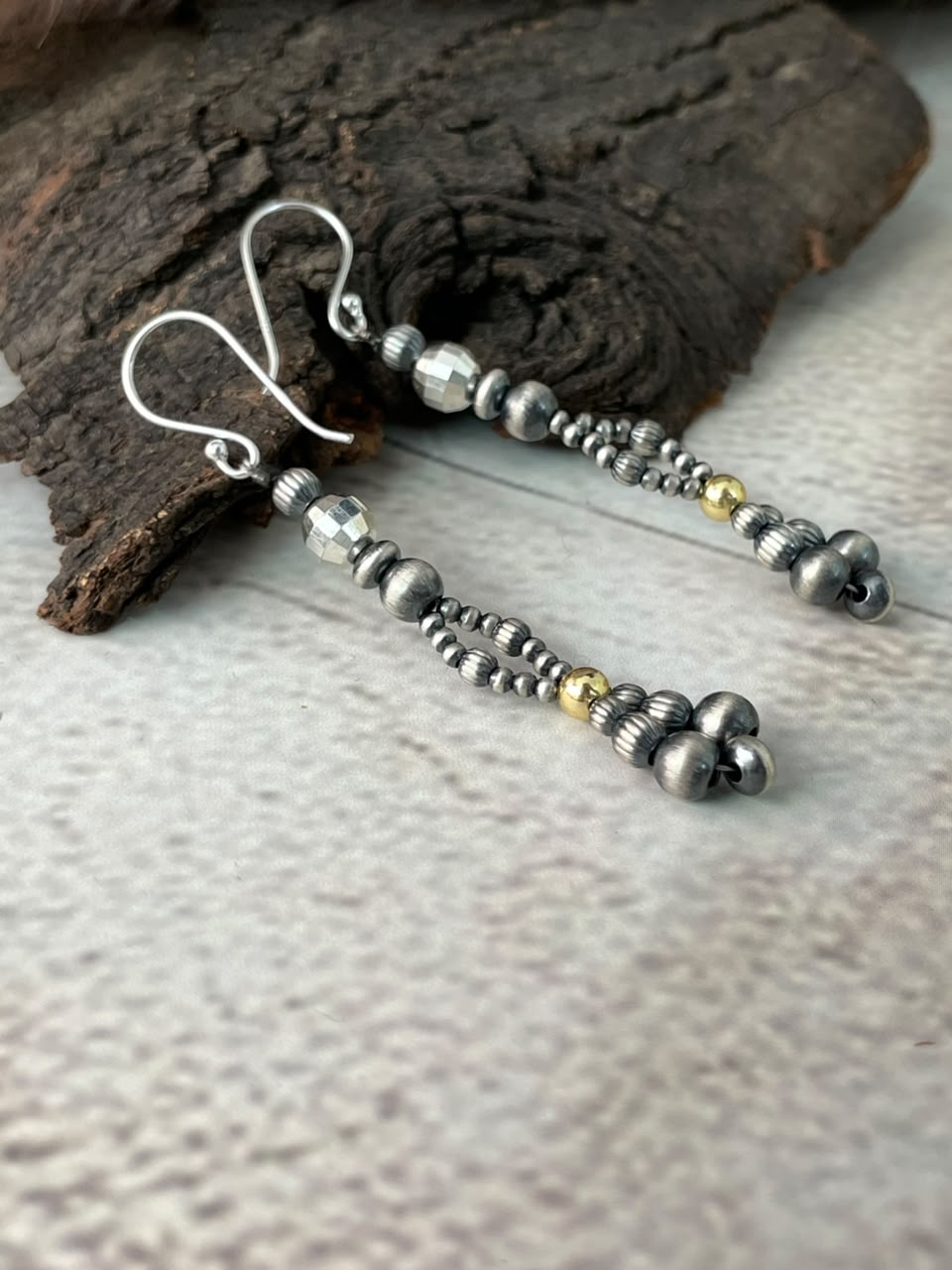 Handmade Sterling Silver Hook Dangle Gold Shiny Beaded Earrings