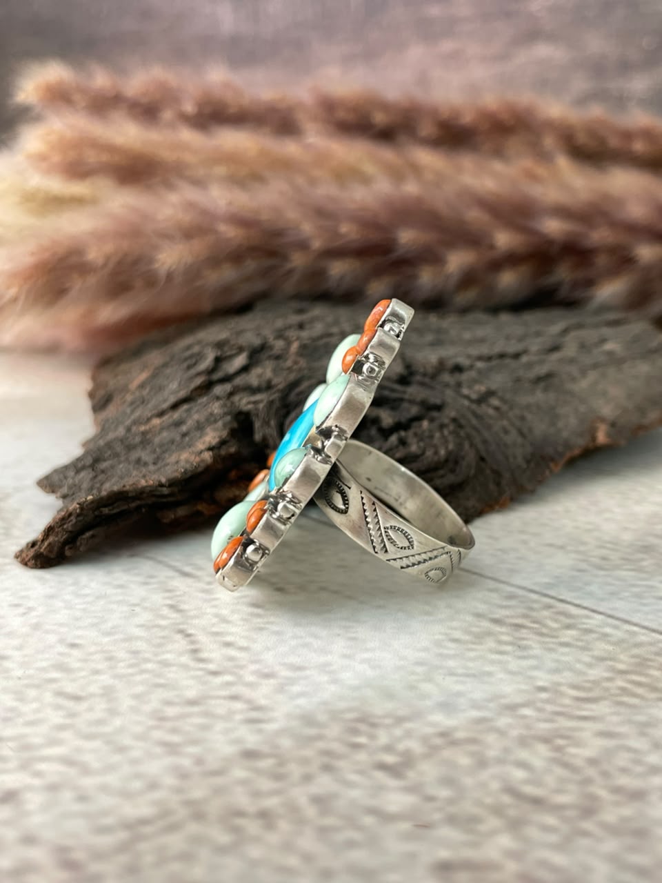 Handmade Sterling Silver Orange Mojave with Paloma and Sierra Bella Turquoise Adjustable Ring Signed Nizhoni