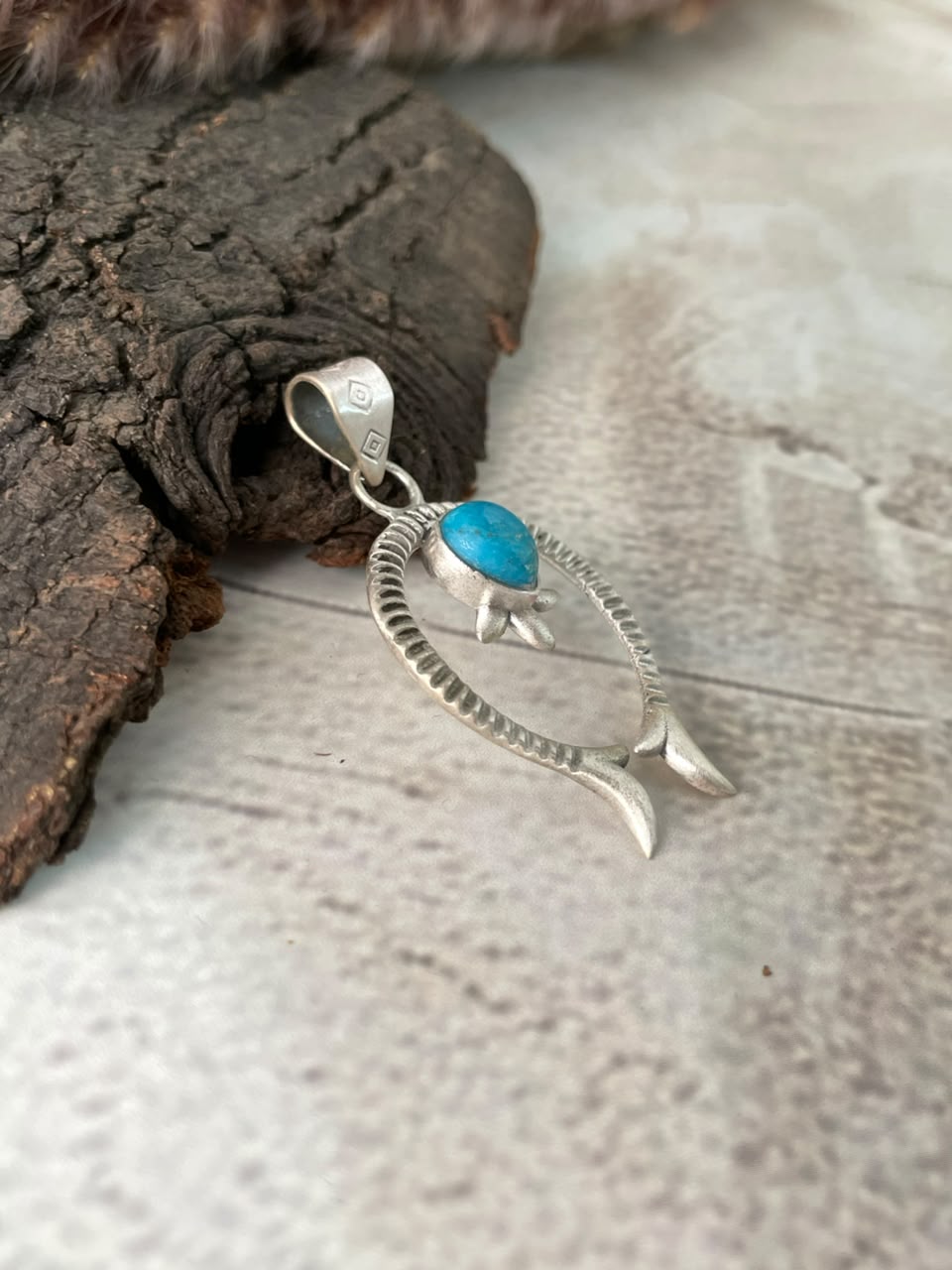 Handmade Sterling Silver Kingman Turquoise Naja Pendant Signed Nizhoni (6)