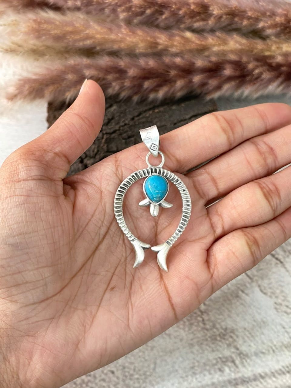 Handmade Sterling Silver Kingman Turquoise Naja Pendant Signed Nizhoni (6)