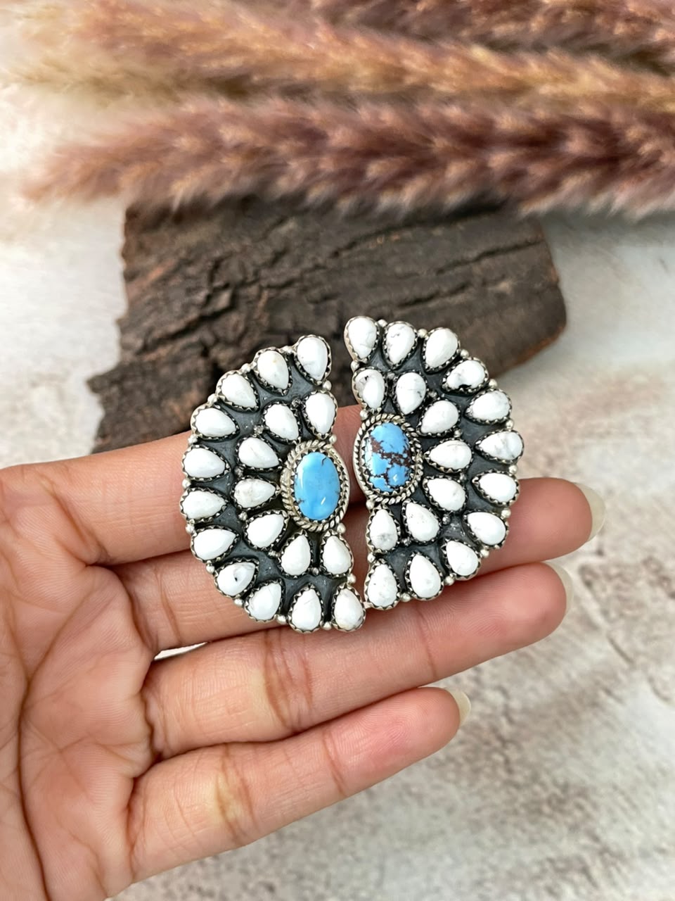 Handmade Sterling Silver Golden Hills Turquoise with White Buffalo Post Studs Earrings Signed Nizhoni (3)