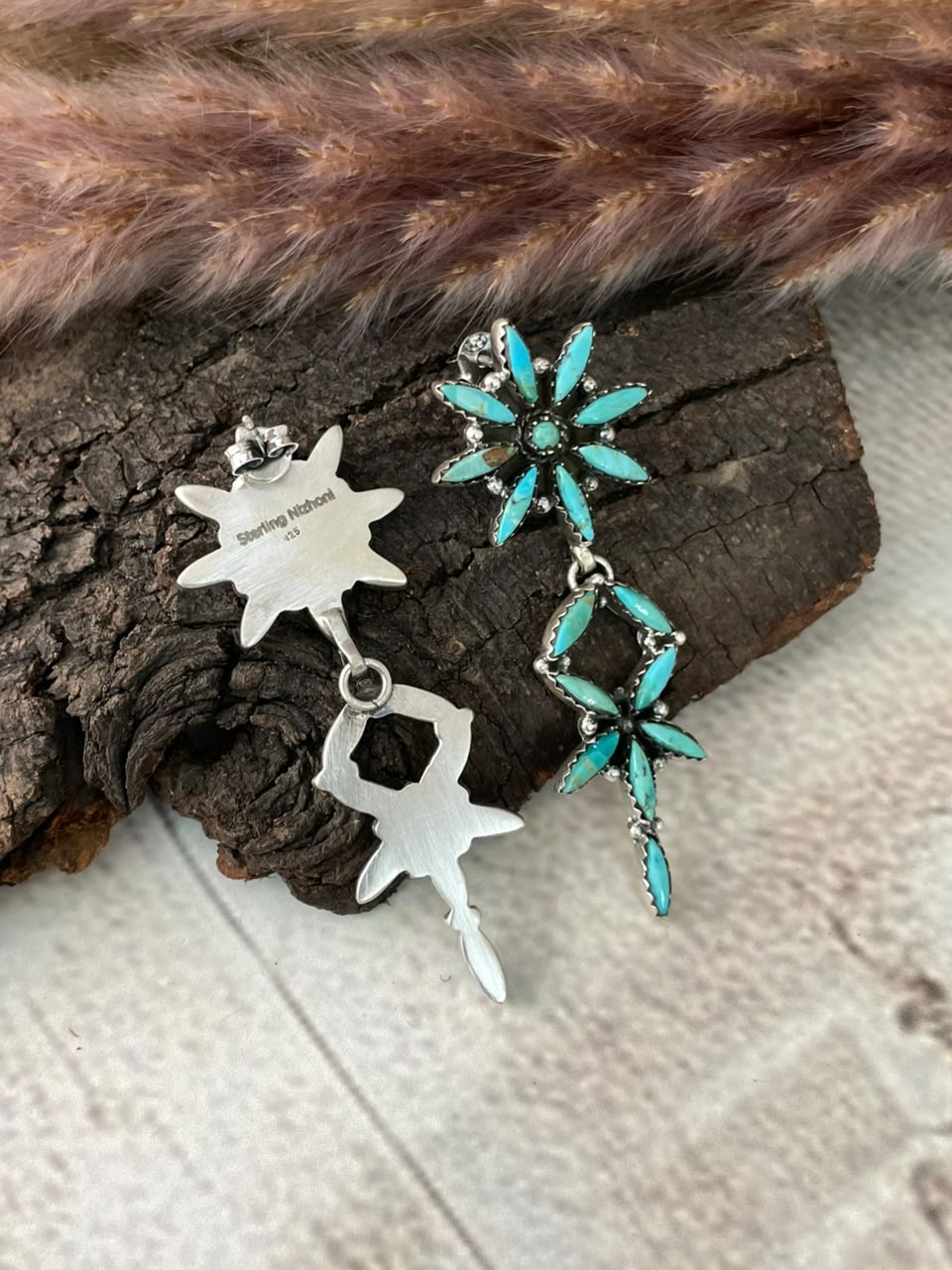 Handmade Sterling Silver Kingman Turquoise Post Dangle Earrings Signed Nizhoni