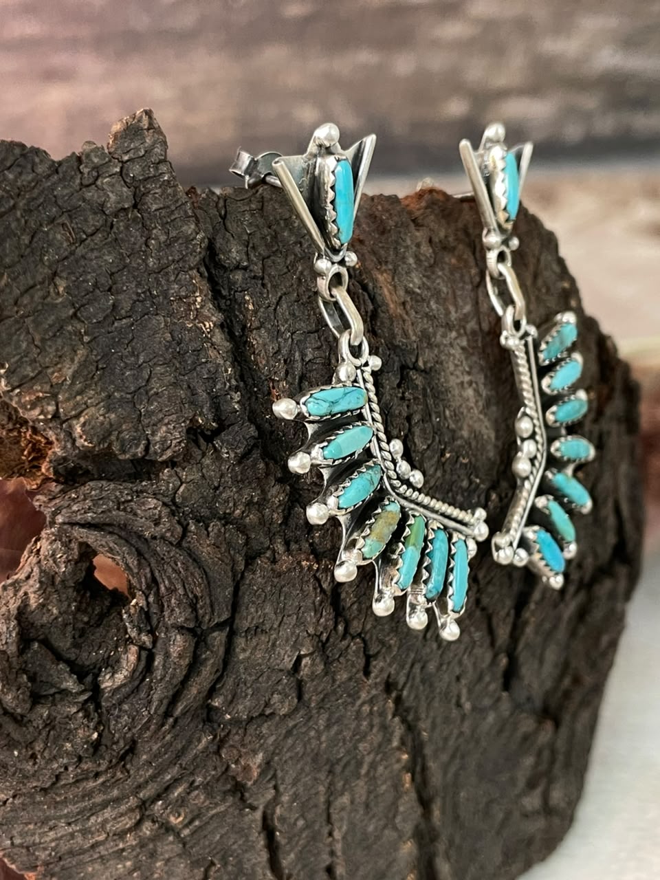 Handmade Sterling Silver Kingman Turquoise Post Dangle Earrings Signed Nizhoni