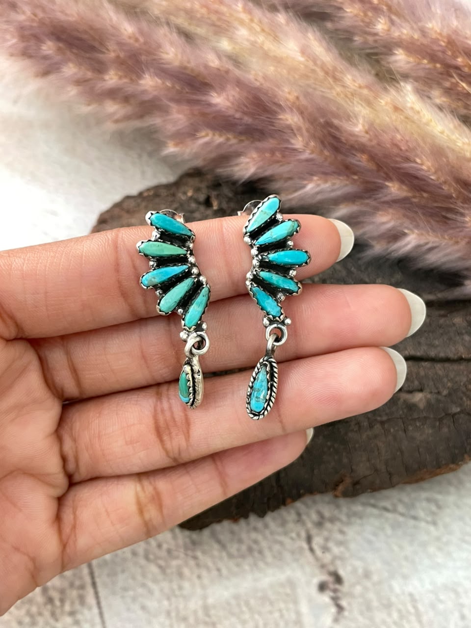 Handmade Sterling Silver Kingman Turquoise Post Dangle Earrings Signed Nizhoni