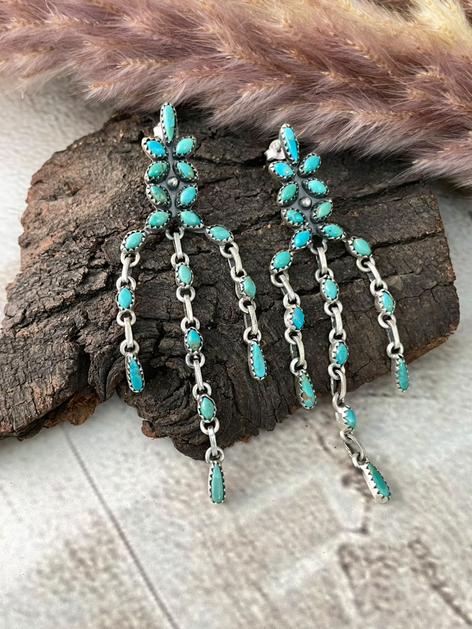 Handmade Sterling Silver Kingman Turquoise Post Dangle Earrings Signed Nizhoni (2)