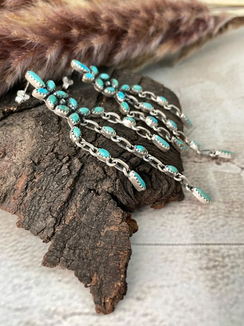 Handmade Sterling Silver Kingman Turquoise Post Dangle Earrings Signed Nizhoni (2)