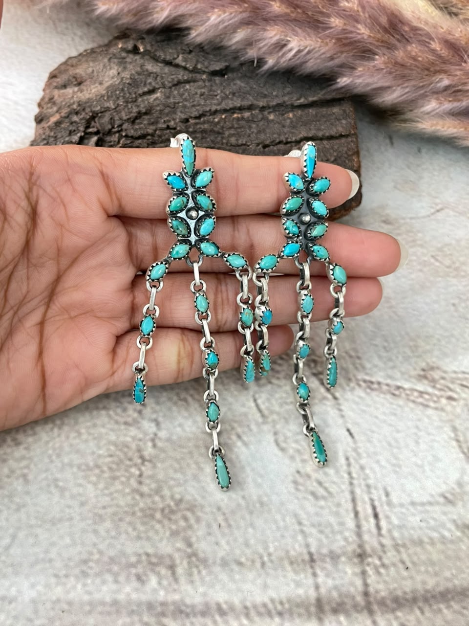 Handmade Sterling Silver Kingman Turquoise Post Dangle Earrings Signed Nizhoni (2)
