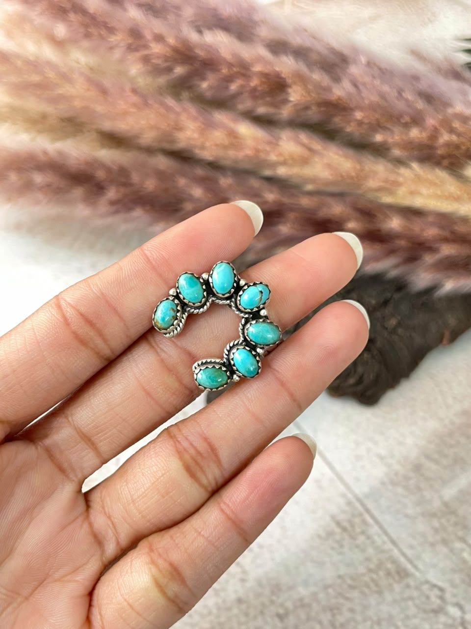 Handmade Sterling Silver Kingman Turquoise Naja Adjustable Ring Signed Nizhoni
