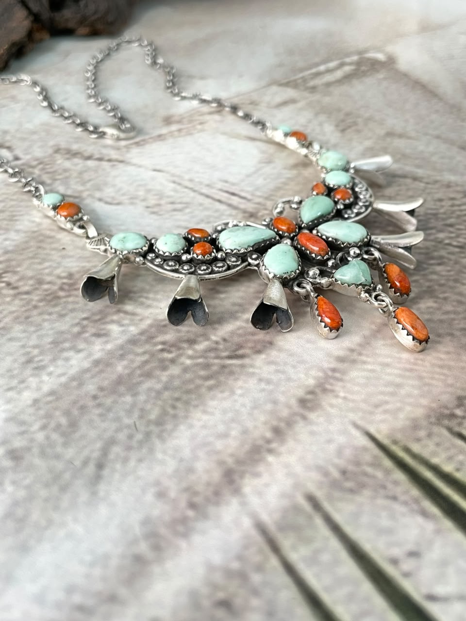 Handmade Sterling Silver Orange Mojave with Paloma Turquoise Squash Blossom Necklace Signed Nizhoni