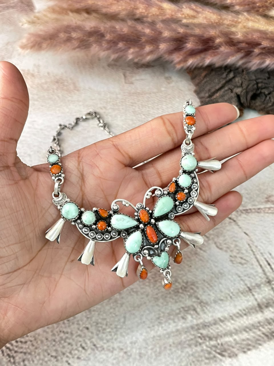 Handmade Sterling Silver Orange Mojave with Paloma Turquoise Squash Blossom Necklace Signed Nizhoni