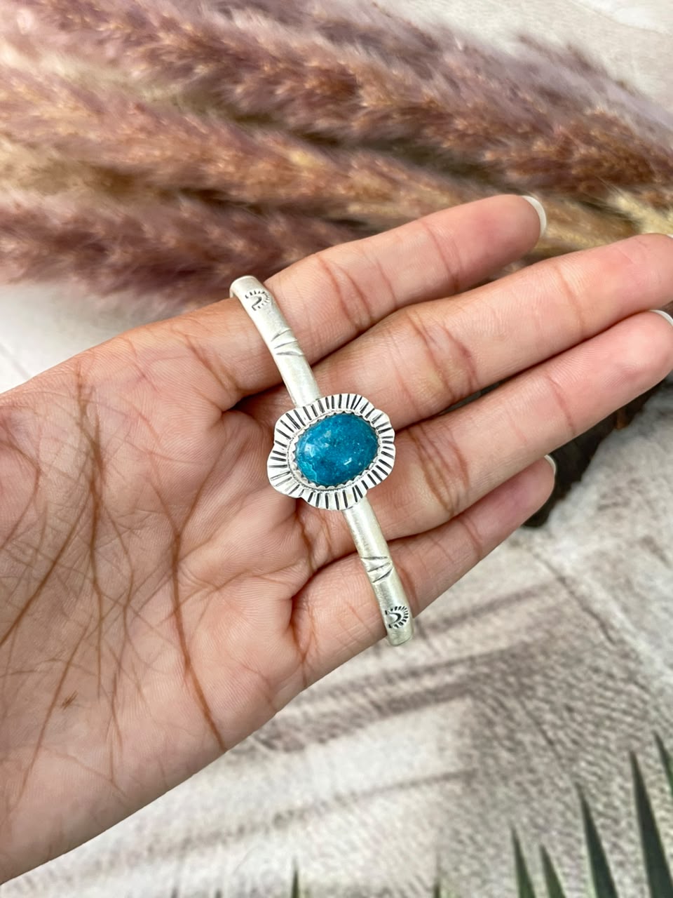Handmade Sterling Silver Blue Kingman Turquoise Cuff Bracelet Signed Nizhoni