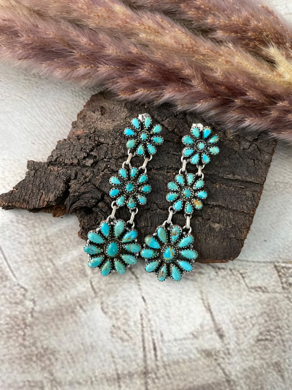 Handmade Sterling Silver Kingman Turquoise Post Dangle Earrings Signed Nizhoni