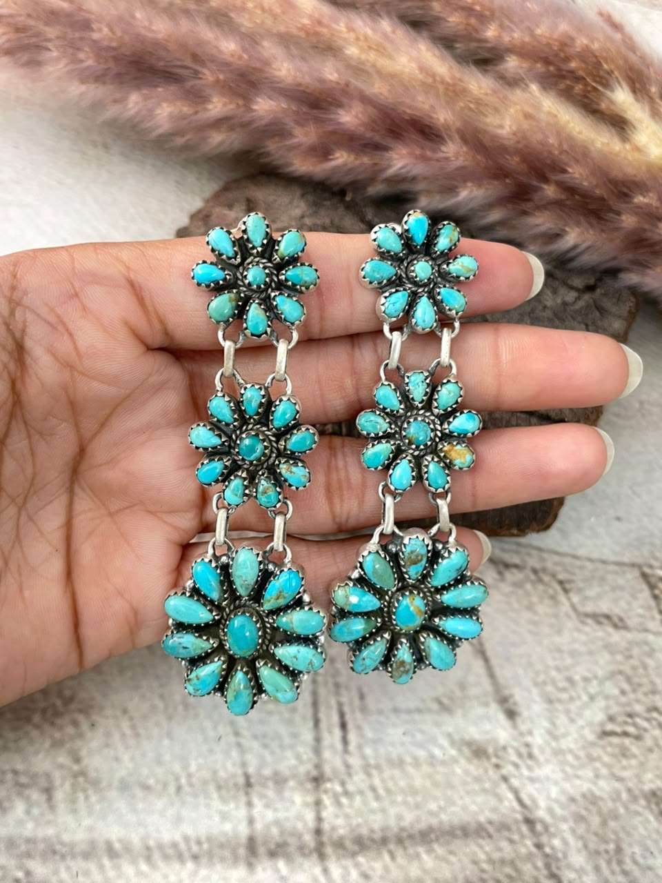 Handmade Sterling Silver Kingman Turquoise Post Dangle Earrings Signed Nizhoni