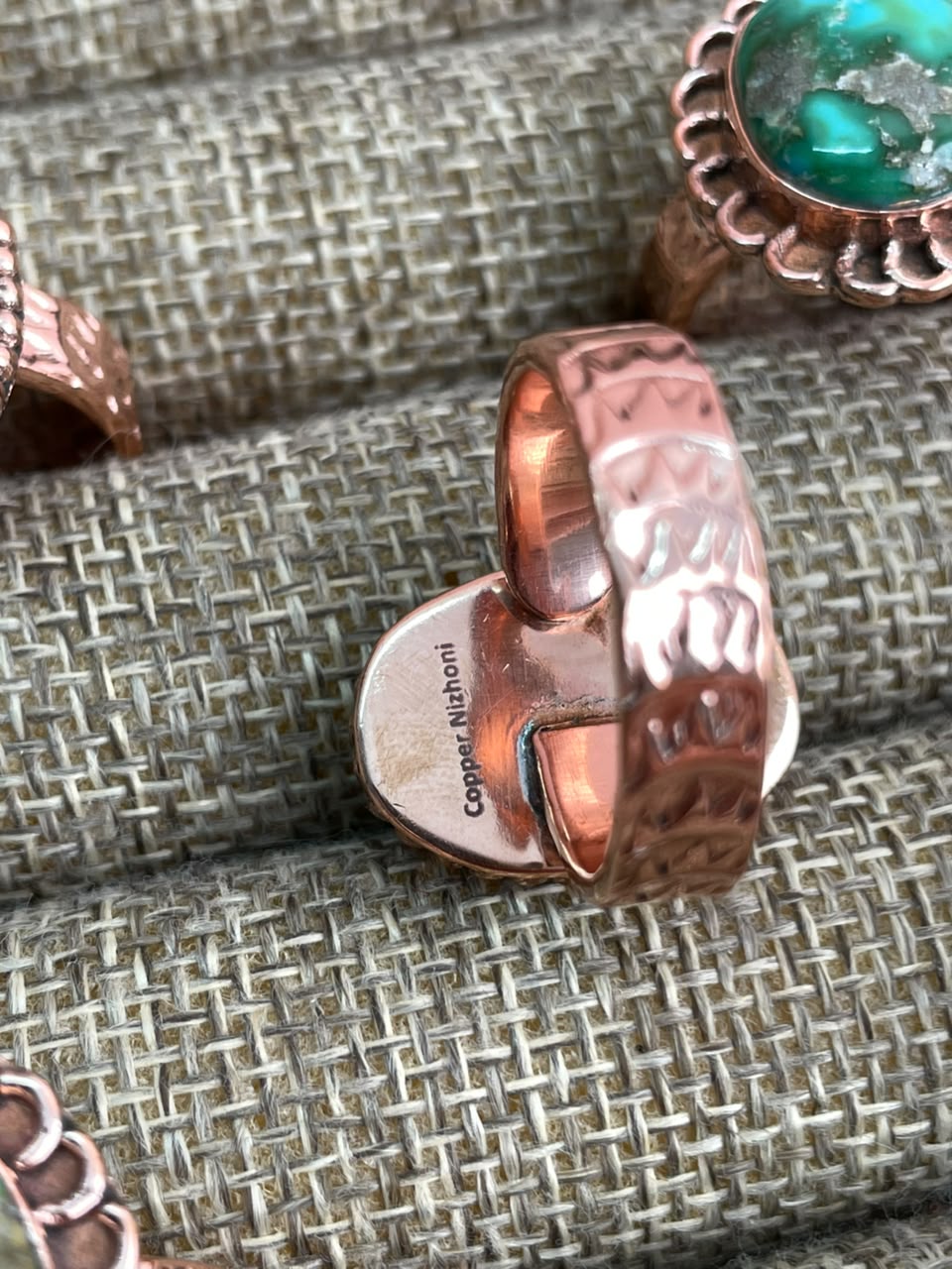 Handmade Sonoran Mountain Turquoise Copper Collection: Adjustable Ring Signed Nizhoni