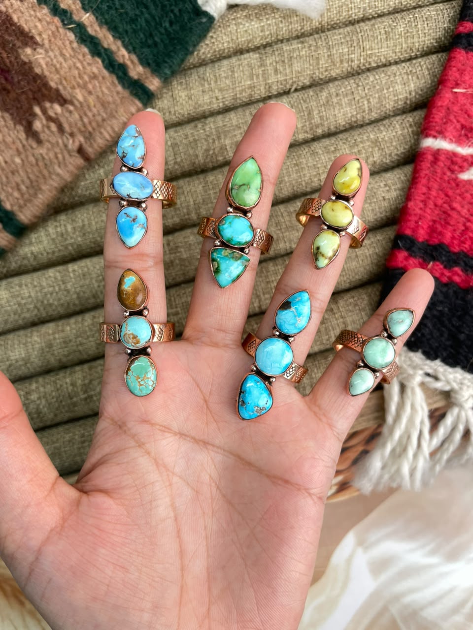 Handmade Royston, Paloma, Palomino, Sierra Bella, Sonoran Mountain and Golden Hills Turquoise Copper Collection: Adjustable Ring Signed Nizhoni