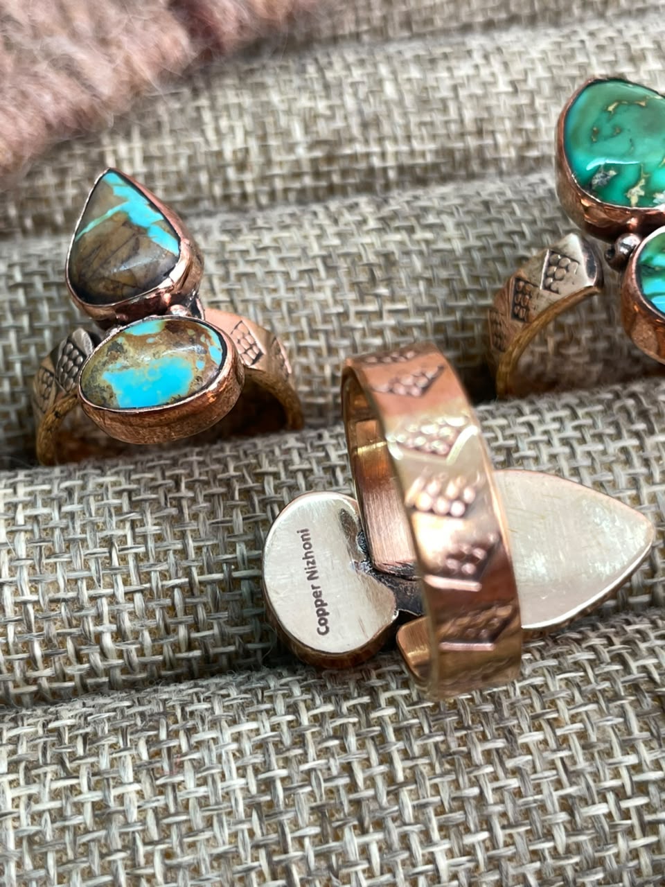 Handmade Royston, Paloma, Palomino, Sierra Bella, Sonoran Mountain and Golden Hills Turquoise Copper Collection: Adjustable Ring Signed Nizhoni