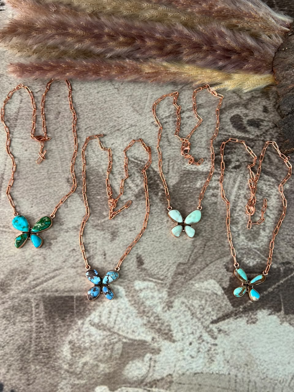 Handmade Royston, Paloma, Sonoran Mountain and Golden Hills Turquoise Copper Collection: Butterfly Necklace Signed Nizhoni
