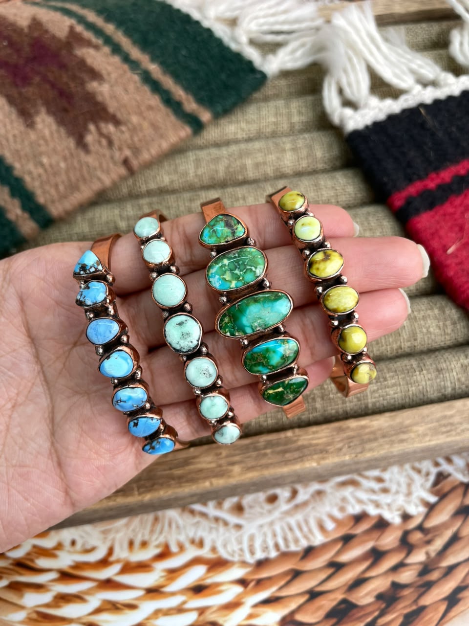Handmade Paloma, Palomino, Sonoran Mountain and Golden Hills Turquoise Copper Collection: Cuff Bracelet Signed Nizhoni