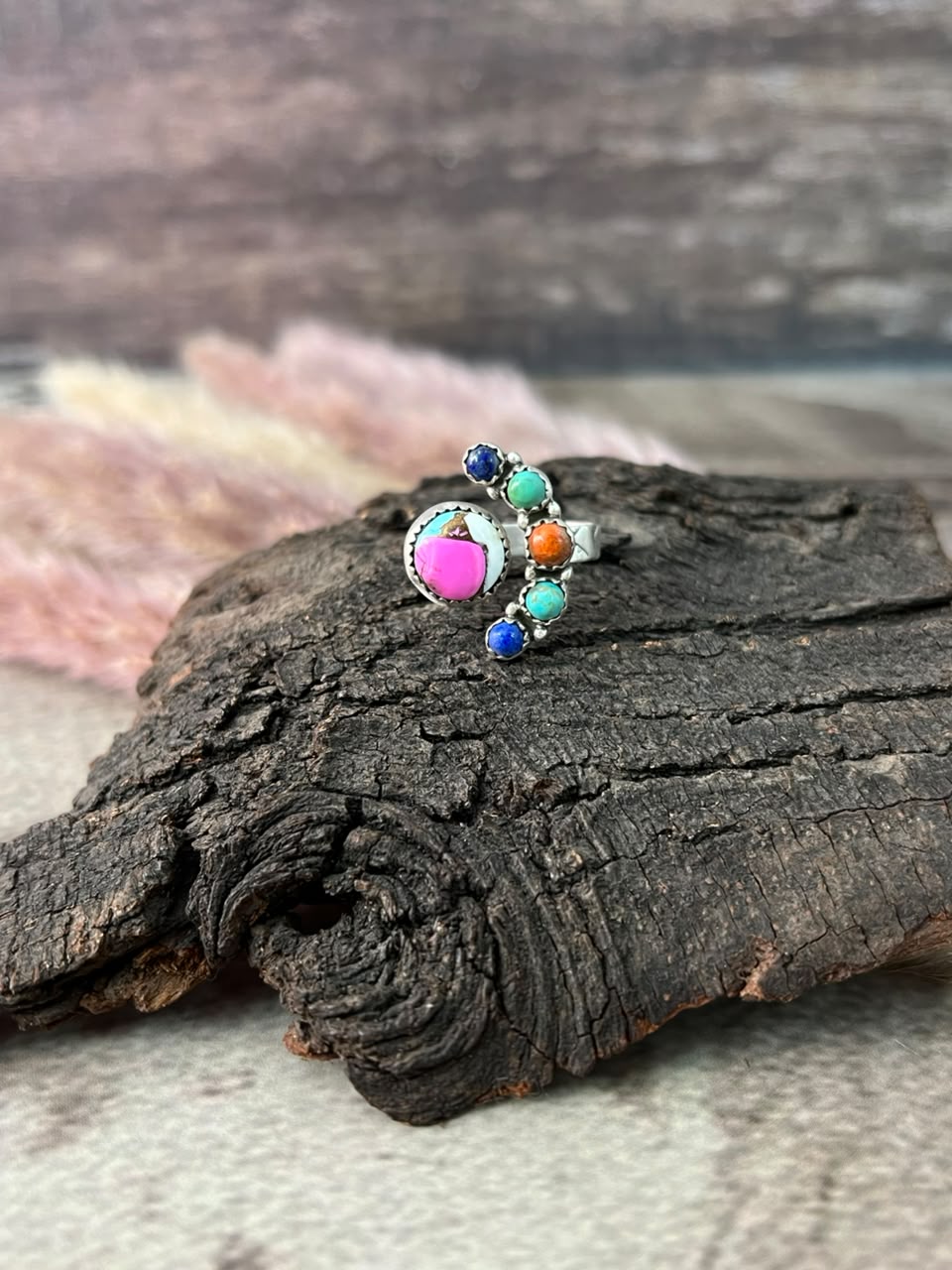 Handmade Sterling Silver Cotton Candy with Kingman Turquoise, Orange Mojave and Lapis Adjustable Ring Signed Nizhoni