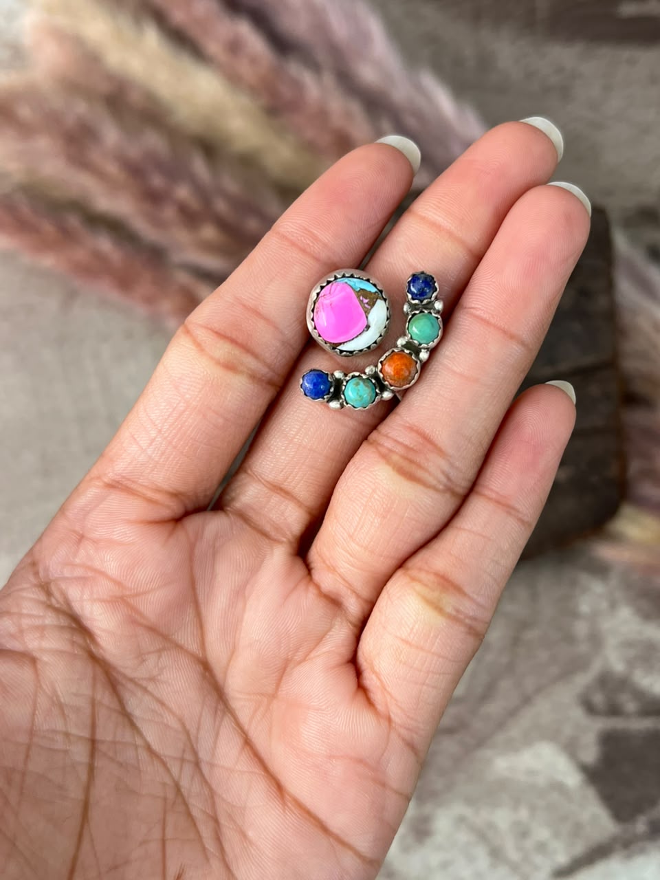 Handmade Sterling Silver Cotton Candy with Kingman Turquoise, Orange Mojave and Lapis Adjustable Ring Signed Nizhoni