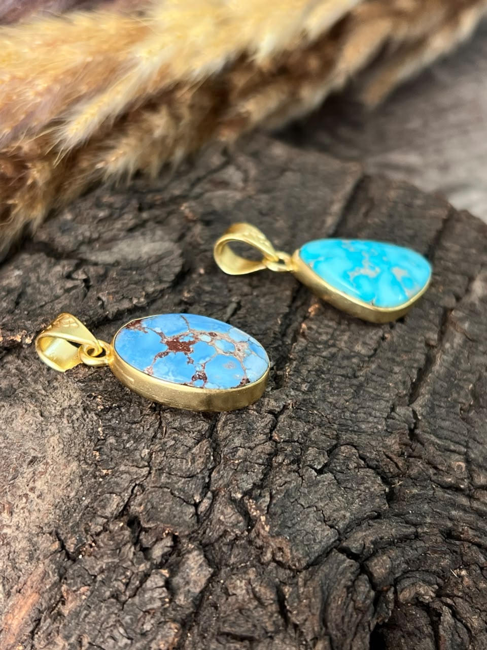 “The Golden Collection” Handmade Sterling Gold over Silver Golden Hills and White Water Turquoise Pendant Signed Nizhoni
