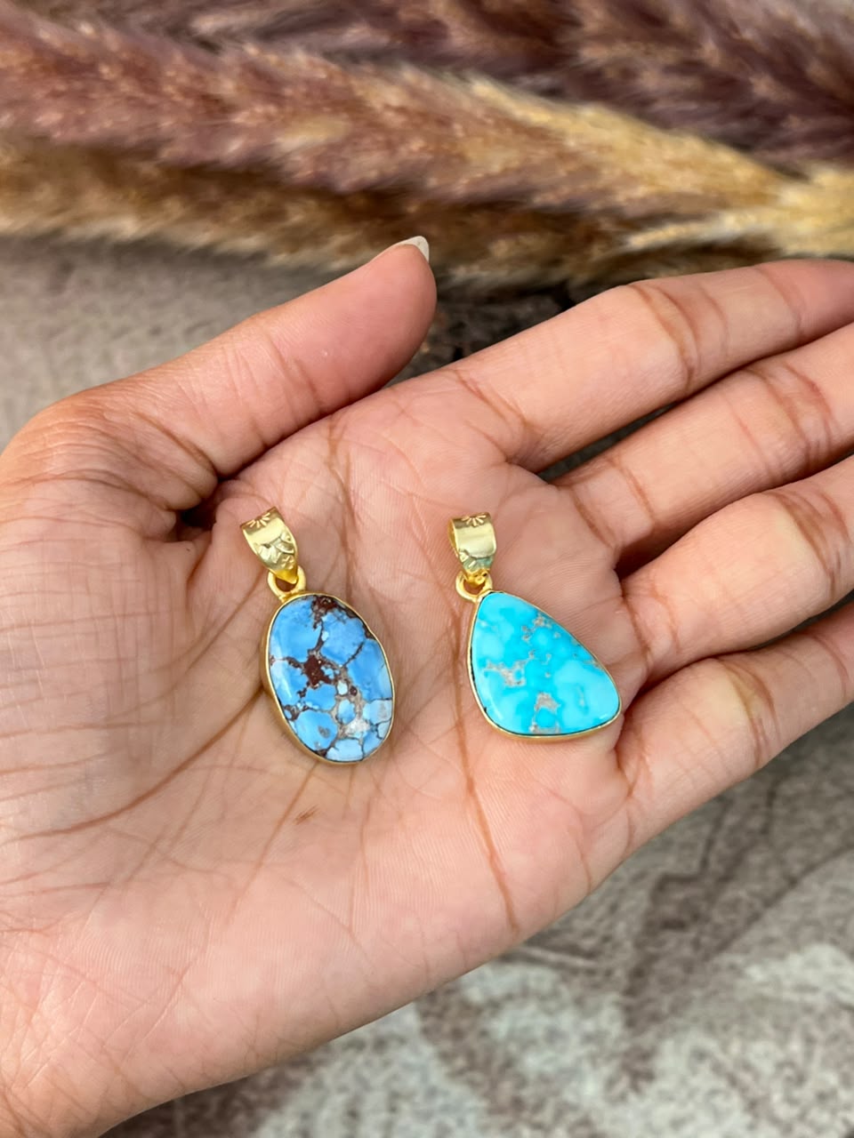 “The Golden Collection” Handmade Sterling Gold over Silver Golden Hills and White Water Turquoise Pendant Signed Nizhoni