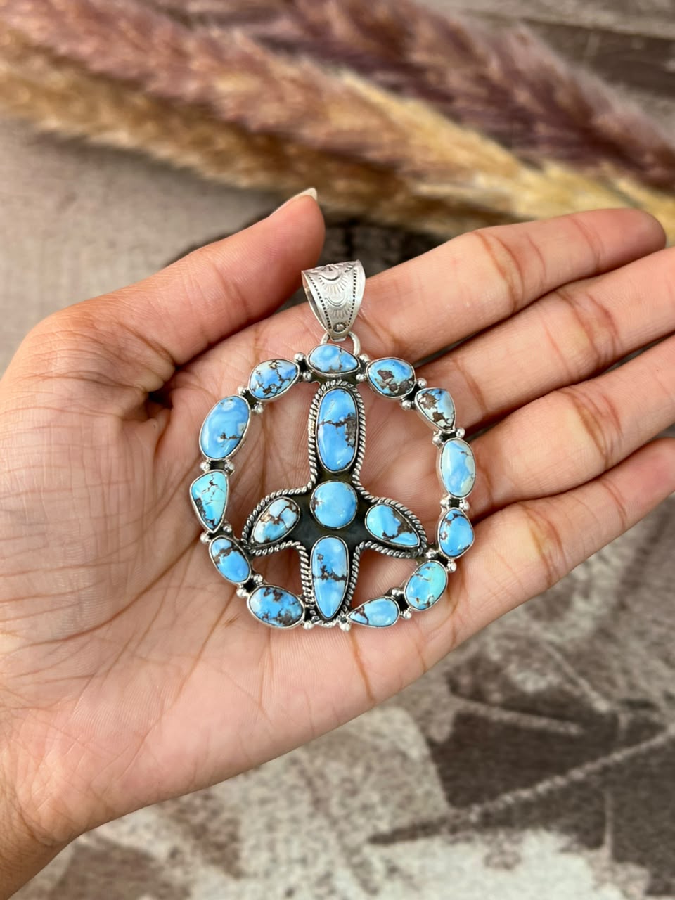 Handmade Sterling Silver Golden Hills Turquoise Pendant Signed Nizhoni