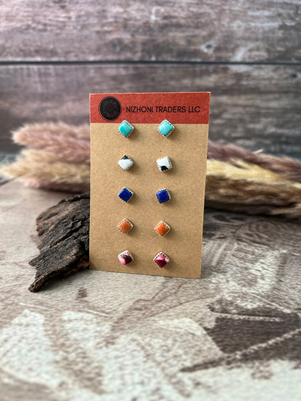 Handmade Sterling Silver Kingman Turquoise with Orange Mojave, Dahlia Rose, White Buffalo and Lapis Post Studs Card Set