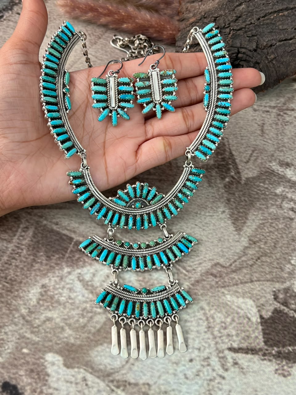 Handmade Sterling Silver Kingman Turquoise Necklace and Earrings Set Signed Nizhoni