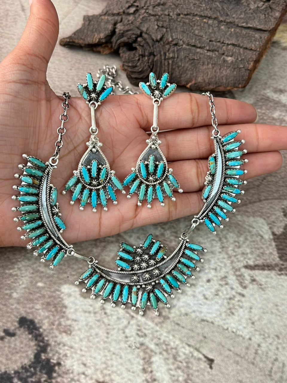 Handmade Sterling Silver Kingman Turquoise Necklace and Earrings Set Signed Nizhoni