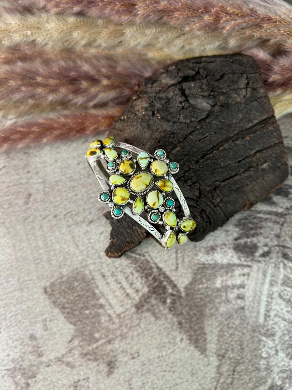 Handmade Sterling Silver Palomino Turquoise with Kingman Turquoise Cuff Bracelet Signed Nizhoni