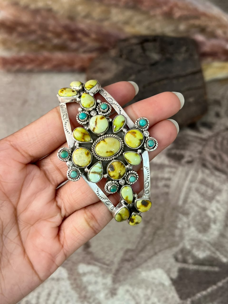 Handmade Sterling Silver Palomino Turquoise with Kingman Turquoise Cuff Bracelet Signed Nizhoni