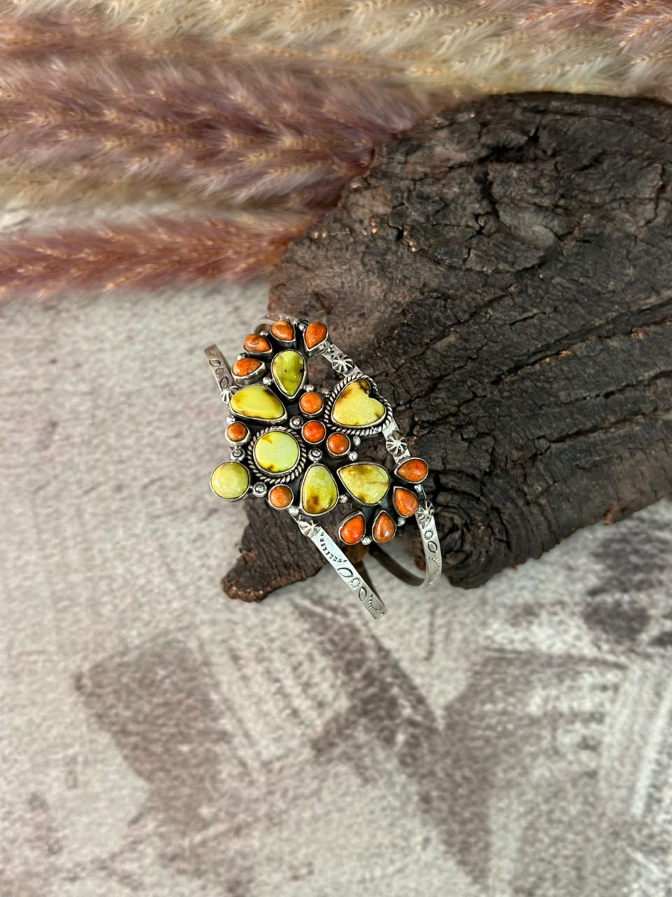 Handmade Sterling Silver Palomino Turquoise with Orange Mojave Cuff Bracelet Signed Nizhoni
