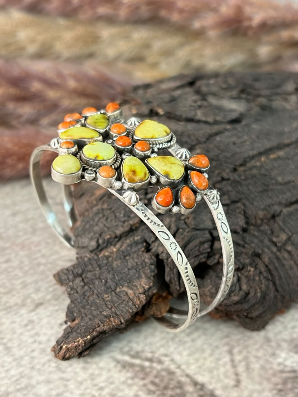 Handmade Sterling Silver Palomino Turquoise with Orange Mojave Cuff Bracelet Signed Nizhoni