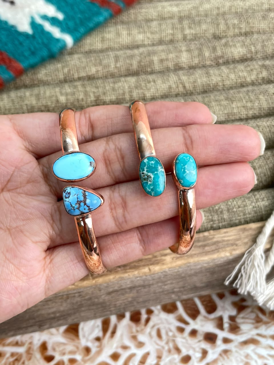 Handmade Golden Hills and White Water Turquoise Copper Collection: Cuff Bracelet Signed Nizhoni