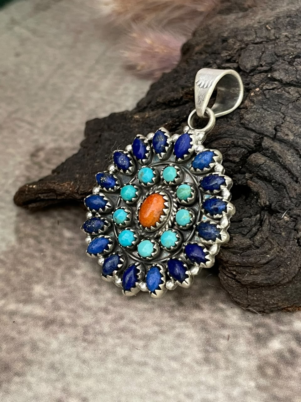 Handmade Sterling Silver Kingman Turquoise with Orange Mojave and Lapis Pendant Signed Nizhoni