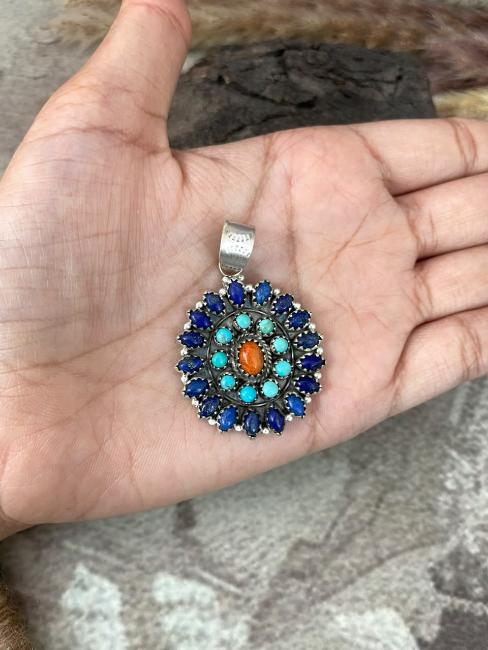 Handmade Sterling Silver Kingman Turquoise with Orange Mojave and Lapis Pendant Signed Nizhoni