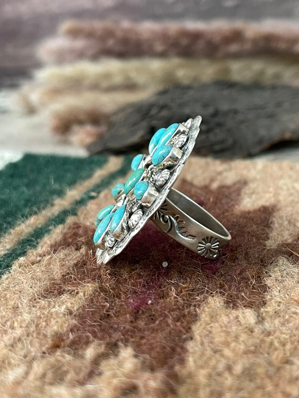 Handmade Sterling Silver Kingman Turquoise Adjustable Ring Signed Nizhoni